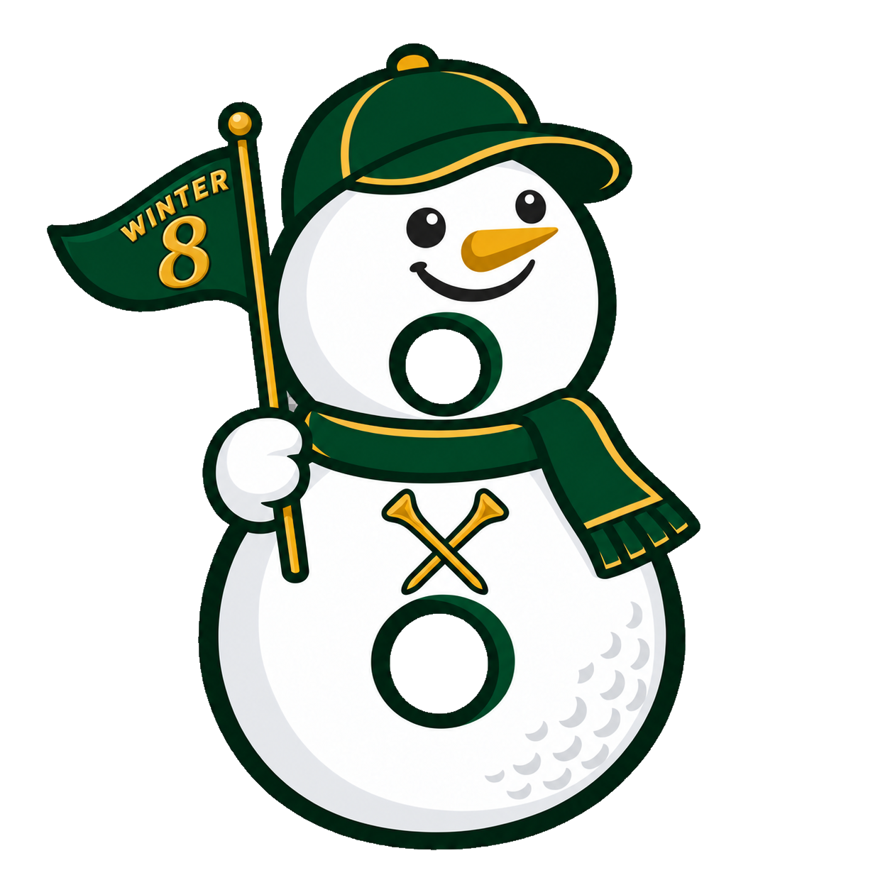 The Winter 8 snowman mascot holding a Winter 8 flag